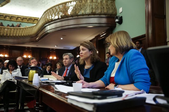 From left, City Planning Commission chair Carl Weisbrod, Deputy Mayor Alicia Glen, and City Housing Commissioner Vicki Been testify at yesterday's hearing